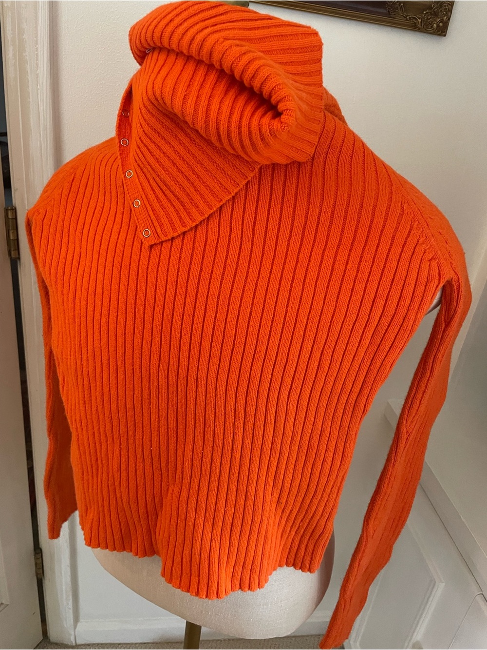 No Boundaries Bright Orange Ribbed Snap Funnel Neck Sweater